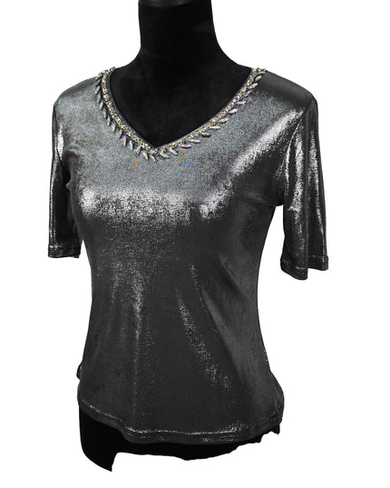Short Sleeve Shimmer Silver Top with Gem Neckline