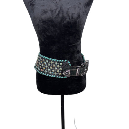 Black hair hide leather belt , Kurtman, petina, crystal buckle, whipstitch 