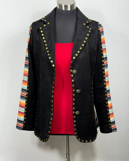 Black Serapi jacket with colorful striped sleeves with a  red tank top interior on a white background.