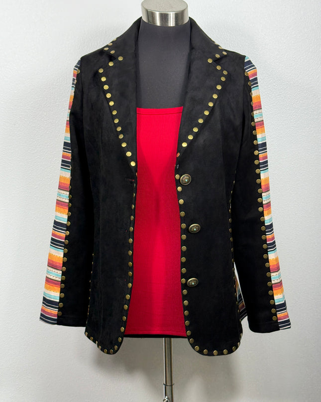 Black Serapi jacket with colorful striped sleeves with a  red tank top interior on a white background.