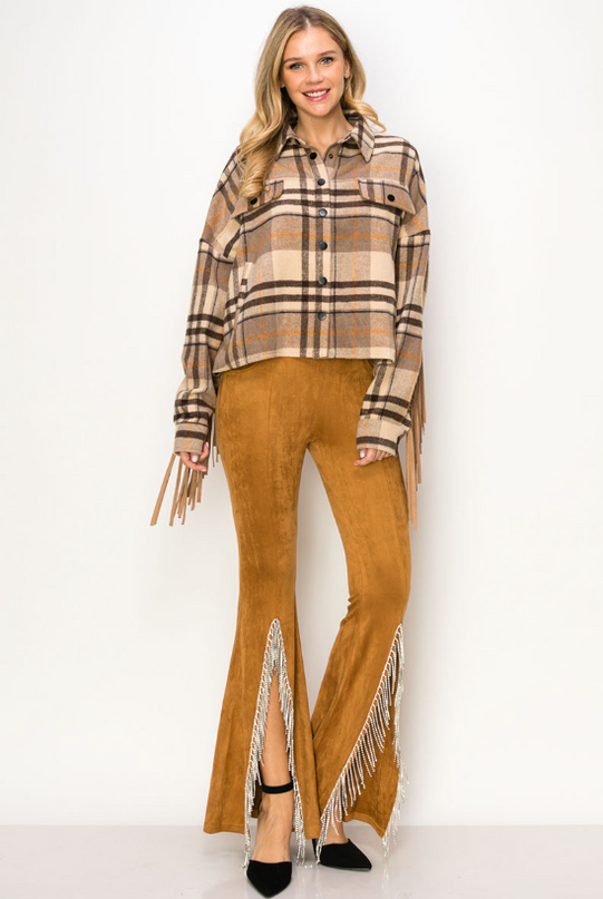 Camel Suede Rhinestone Fringe Pants