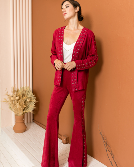 Burgundy Cross Flare Lace Up Pants