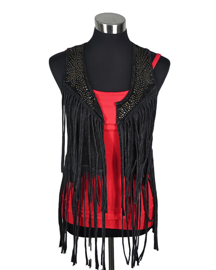 Black Stone Wash Nail Head Fringe Vest