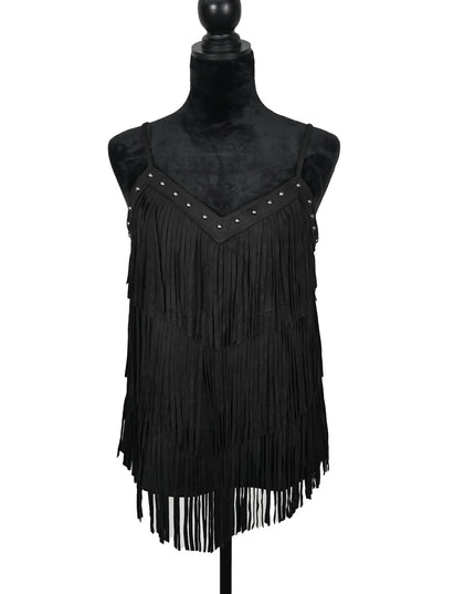Stone Stud Fringe Black Top