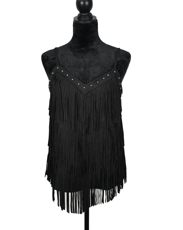 Stone Stud Fringe Black Top