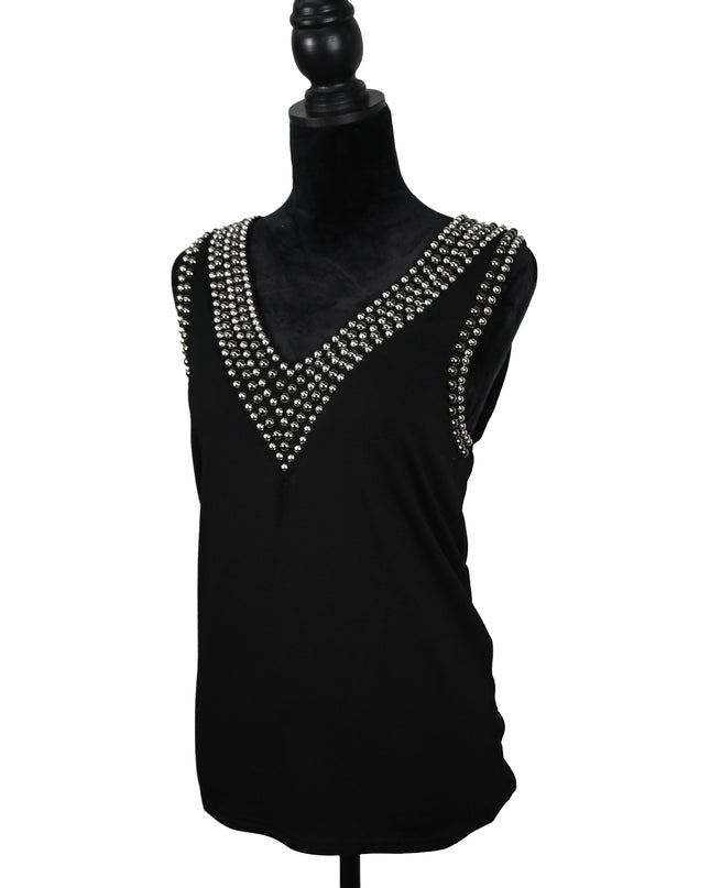 Black Studded V-Neck Sleeveless Top