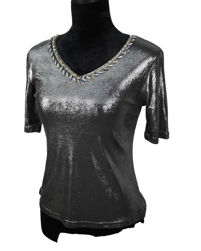 Short Sleeve Shimmer Silver Top with Gem Neckline