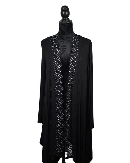 Long Black Cardigan with Rhinestone Trim & Lace Detail