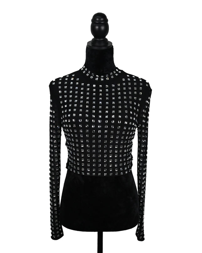 Black Rhinestone Mesh Top – Long Sleeve