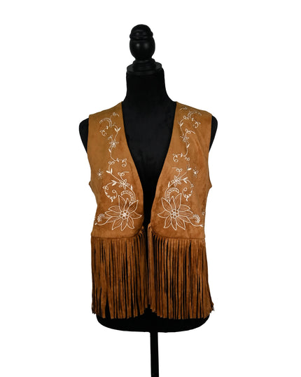 Short Camel Embroidered Fringe Vest