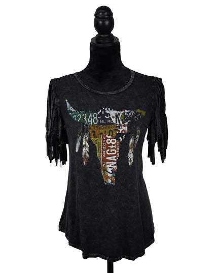 Stone Wash Charcoal Fringe Tee – License Plate Longhorn